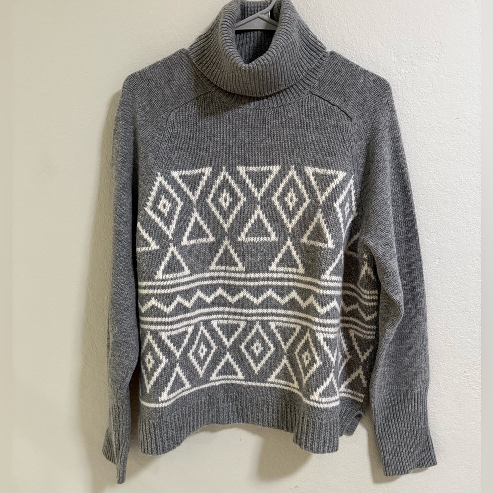J.Crew Gray Geometric Turtleneck Sweater Wool Cashmere Blend Size L
